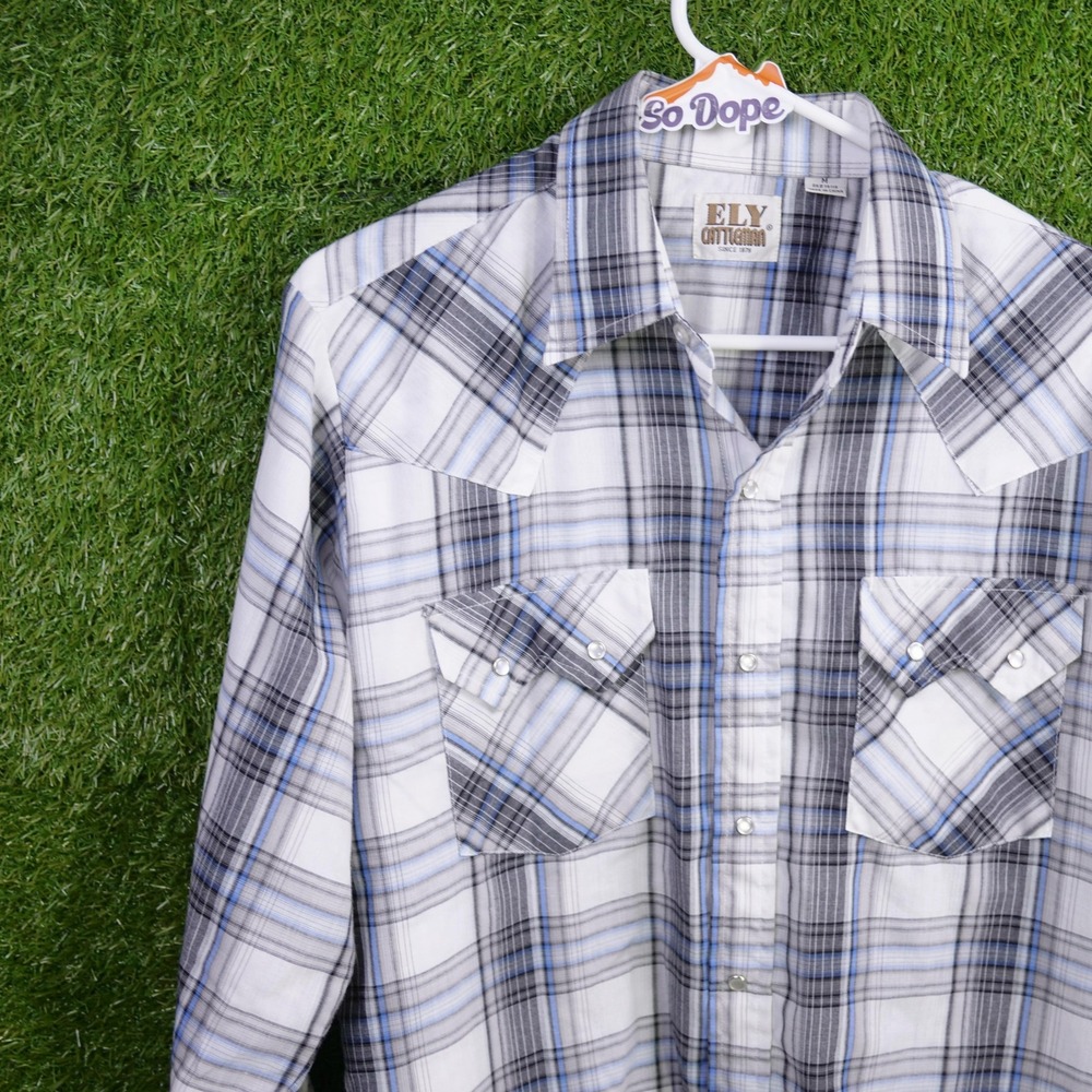 Ely Cattleman Western Shirt White Plaid Pearl Snap - Mens Size M